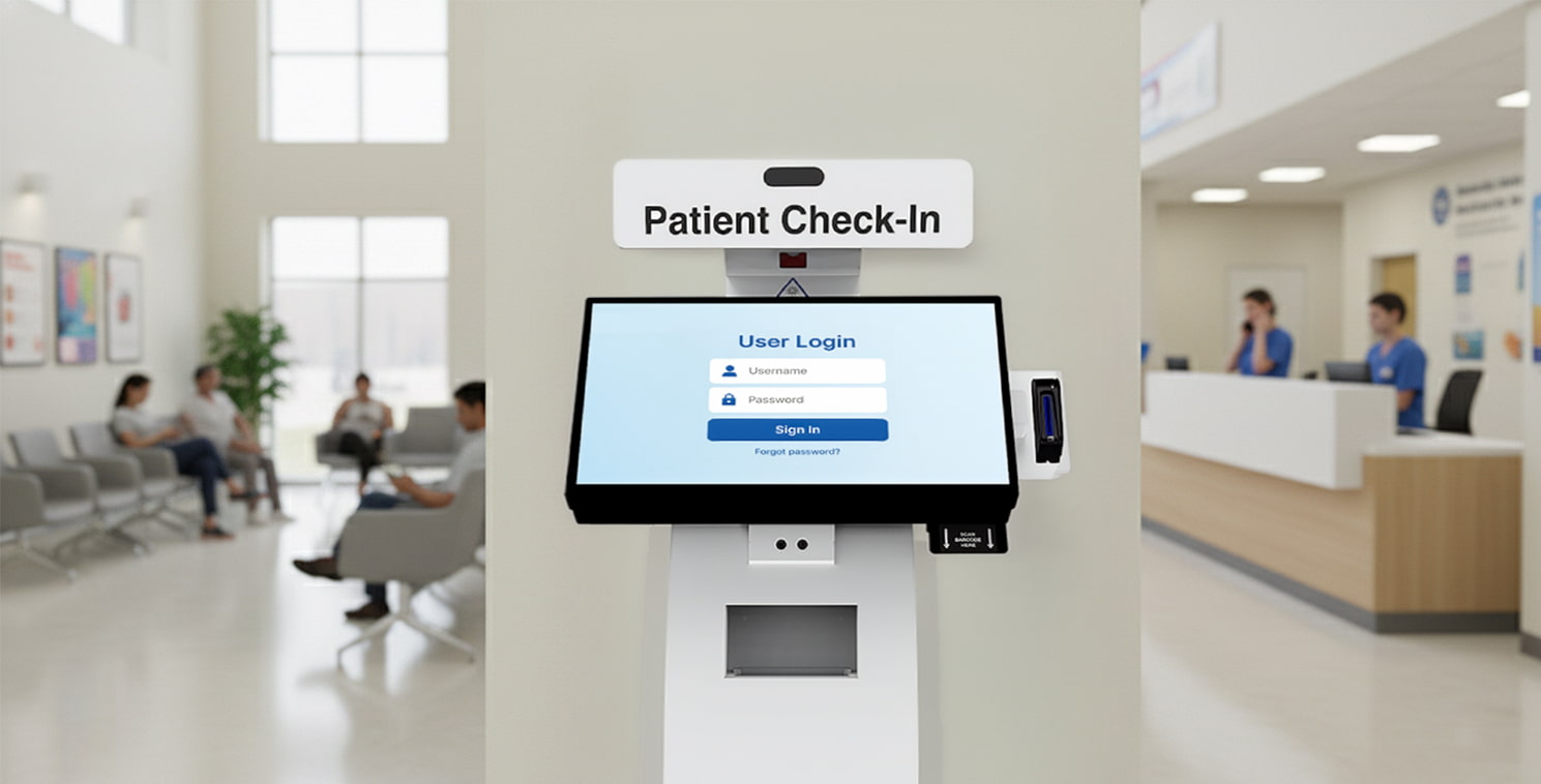 AI-Powered Patient Check-In Kiosk for Healthcare Revenue Cycle Automation Patient self check-in kiosk featuring a touchscreen login interface in a healthcare clinic lobby. The system represents Elo’s interactive hardware paired with Lifemed’s DeepClaim AI, streamlining patient intake and ensuring clean data capture with claims automation platforms to optimize the healthcare revenue cycle.